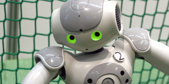 Porträt eines NAO-Roboters in einem Fußballtor