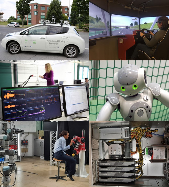 Collage aus Nissan Leaf vor IRF, UR10 Roboter, Fahrsimulator und NAO-Roboter